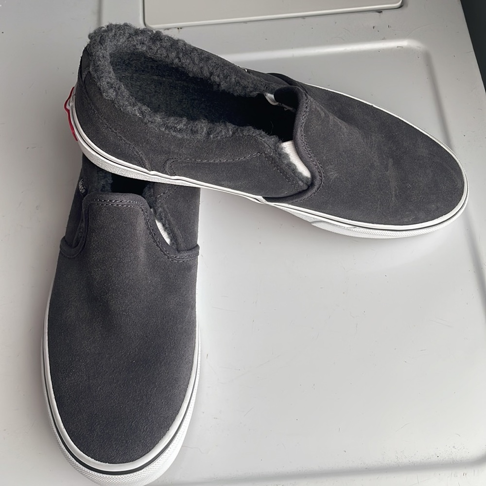 Vans Asher shoes slip on asphalt black suede Sherpa fur lined men size 7 1/2 7.5 - Picture 2 of 10